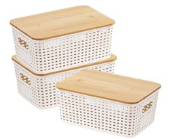 Opbergdozen met Bamboedeksel - Set van 3 - 5L - Voor Badkamer, Keuken en Slaapkamer - Witte Kunststof Organizer