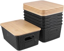 Opbergdozen met bamboedeksel, zwart, rotan kunststof opbergmand, stapelbare opbergdozen, keukenorganizer, opslag voor rekken, kasten, kantoor