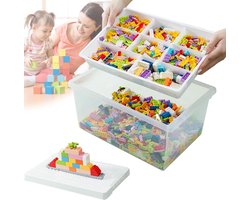 Opbergdozen met deksel voor Lego-bouwstenen - transparante sorteerdoos met handvat - plastic stapelbare box voor handwerk accessoires en kinderspeelgoed (wit)
