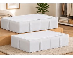 Opbergdozen onder bed met deksel, 2 stuks, duurzame stof, wasbaar, opvouwbaar, 70 x 42 x 18 cm, wit