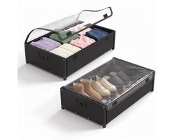Opbergdozen - Opbergbox voor Onder het Bed - Onderbed Opbergbak met Deksel - Opbergbox met Wieltjes - Platte Opbergbox - Zwart - 58,5 × 42 × 16 cm