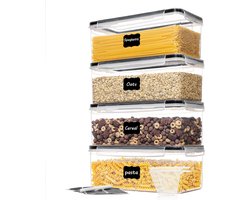 Opbergdozen Set 4x 3,2L – Luchtdichte Voorraadbakken BPA-vrij, Transparant, Stapelbaar, Voor Pasta, Muesli, Cornflakes, Rijst, Noten, Snacks – Keuken Organizer met Deksel & Labels