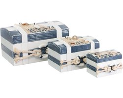 Opbergdozen Set - Decoratieve Kisten - Maritieme Decoratie - Drie Verschillende Maten - Lichtgewicht Houten Materiaal - Blauw Wit Grijs