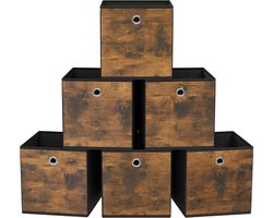 Opbergdozen, set van 6, niet-geweven stof, vouwdoos, 33 x 33 x 33 cm, stoffen doos, voor kubusplank, organisator voor kleding, vintage bruin/zwart