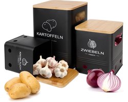 Opbergdozen voor Aardappelen, Uien en Knoflook - 3-delige Set met Bamboedeksel - Nestbaar en Stapelbaar voor Keuken en Eetkamer