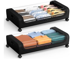 Opbergdozen voor onder het bed - 2 stuks - met wielen - Opbergsysteem voor onder het bed - Opbergsysteem voor kleding en schoenen - Opvouwbare kledingkast - Grote opbergruimte - Opbergdozen voor onder het bed - Oxfordstof - Zwart