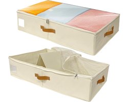 Opbergdozen voor onder het bed, opbergzakken voor dekens, vouwbare kledingopbergers met doorzichtige voorkant en stevige panelen (Beige)