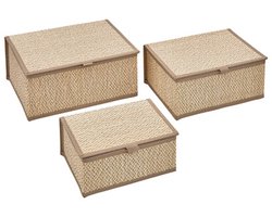 Opbergdozenset - Organizer Set - Set van 3 (S, M, L) - Bamboe Opbergbox - S M L - Opbergdoos met Deksel - Duurzame Opberger Kast & Bureau - Rechthoek - ca. 25 x 18 x 11.5 cm - Beige