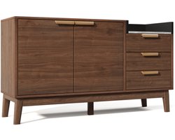 Opbergkast 120×40×77cm Kast Donker Eik Metaal En Hout Eiken Decor Met Marmerlook Plaat Open Opslag 3 Laden Dubbele Deurkast Binnen Hoogteverstelbaar Massief Houten Poten Woonkamer