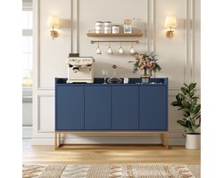 Opbergkast 120x30x80 cm, dressoir met 4 deuren en verstelbare planken, keukenkast en buffetkast, moderne kast voor woonkamer of eetkamer, MDF en spaanplaat, blauw