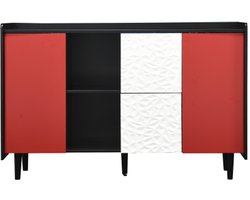 Opbergkast 120x40x80cm Zijkast Kast Zwart Rood MDF 2 Lades Met Uniek Paneel Ontwerp 2 Open Opbergvakken Moderne Koffiebar Kast Accentmeubel Voor Keuken