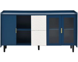 Opbergkast 150x40x80cm Zijkast Kast Blauw MDF 2 Lades Met Uniek Paneel Ontwerp 2 Open Opbergvakken 2 planken Moderne Koffiebar Kast Accentmeubel Voor Keuken