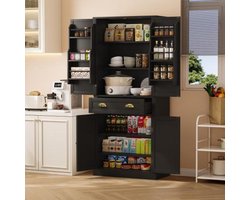 Opbergkast 182 cm, 4 deuren en 1 lade, 2 deuren met planken, 6 opbergvakken en 4 verstelbare planken, geschikt voor keuken, eetkamer en woonkamer, zwart