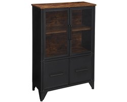 Opbergkast 75 x 33 x 100 cm Zwart Metalen Frame Dressoir Vitrinekast Boekenkast Met 2 Geventileerde Transparante Deuren 2 Gewone Deuren Stijlvol Modern Minimalistisch Geschikt Voor Keuken Woonkamer Slaapkamer