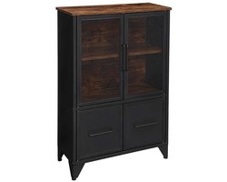 Opbergkast 75 x 33 x 100 cm Zwart Metalen Frame Dressoir Vitrinekast Boekenkast Met 2 Geventileerde Transparante Deuren 2 Gewone Deuren Stijlvol Modern Minimalistisch Geschikt Voor Keuken Woonkamer Slaapkamer