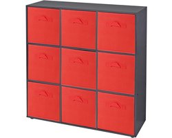 Opbergkast 9 vakken - Boekenkast Kubus - Ruimte Organiseren - Inclusief opbergdozen - H90xB89xD29cm - Zwart en Rood