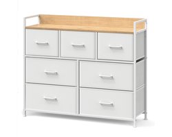 Opbergkast 98x28,5x85 cm Wit + Naturel, Ladekast met 7 Lades, Dressoirkast Sideboard, Smalle Kast met Metalen Frame, Verhoogd Tafelblad, Multifunctionele Opbergkast voor Slaapkamer, Woonkamer en Keuken