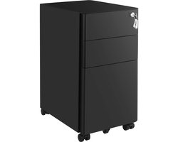 Opbergkast, archiefkast, ladekast, bureaumeubel met wieltjes, 3 lades van verschillende maten en een slot, verplaatsbaar naar elke locatie, stevig en duurzaam metalen frame, 30 x 46 x 59,2 cm, zwart