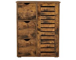 Opbergkast badkamerkast 60 x 30 x 80 cm bruin dressoir zijkast met verstelbare plank 3 laden en 1 jaloeziedeur voor ventilatie Gemaakt van stevig en duurzaam hout geschikt voor eetkamer woonkamer slaapkamer en badkamer