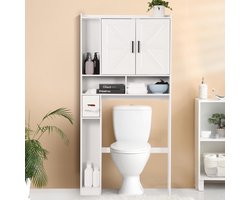Opbergkast boven het toilet, Wandkast, ruimtebesparende organizer voor de badkamer in boerderijstijl met 2 schuifdeuren en toiletrolhouder, houten toiletrek voor toilet, wasruimte, – Wit