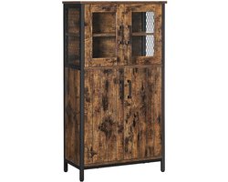 Opbergkast dressoir kast vitrinekast met 2 gehard glazen deuren 2 houten deuren en verstelbare plank stevige metalen frame geschikt voor woonkamer slaapkamer en keuken 60 x 30 x 108 cm bruin + zwart