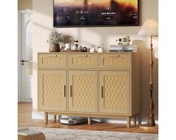 Opbergkast, dressoir, keukenkast met deuren in rotanlook, opbergkast met 3 lades en 3 deuren, boho-stijl, voor eetkamer, woonkamer, slaapkamer, 107,9 x 40 x 80 cm, natuurlijke houtkleur