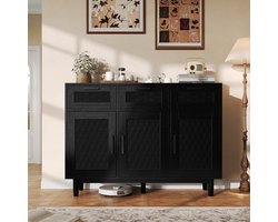 Opbergkast, dressoir, keukenkast met deuren in rotanlook, opbergkast met 3 lades en 3 deuren, boho-stijl, voor eetkamer, woonkamer, slaapkamer, 107,9 x 40 x 80 cm, zwart