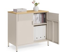 Opbergkast, dressoir, metaal, dubbele deur, magneetsluiting, stalen frame, 40 x 80 x 76 cm, zandbeige en natuurbeige