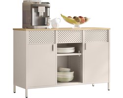 Opbergkast, dressoir, metalen meubels, kast met dubbele deuren, magneetsluiting, verstelbare planken, stalen frame, zandbeige en kleur eiken naturel LSC204LF01