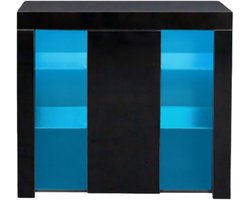 Opbergkast, dressoir, vitrinekast, boekenkast, buffetkast met LED-verlichting en opbergruimte, stijlvol, strak hoogglans ontwerp, transparant glas voor het tentoonstellen van items, geschikt voor woonkamer, slaapkamer en keuken, 94×35×83 cm, zwart.