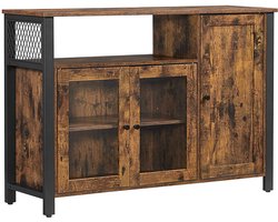 Opbergkast dressoir zijkast met 1 open opbergruimte 2 deuren van gehard glas en 1 houten deur stevig metalen frame geschikt voor woonkamer slaapkamer en keuken 110 x 33 x 75 cm bruin + zwart
