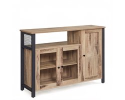 Opbergkast dressoir zijkast met 1 open opbergruimte 2 deuren van gehard glas en 1 houten deur stevig metalen frame geschikt voor woonkamer slaapkamer en keuken 110 x 33 x 75 cm grijs + zwart