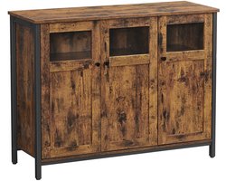 Opbergkast dressoir zijkast multifunctioneel opbergmeubel met 3 houten deuren met gehard glas en verstelbare planken stevige metalen frame geschikt voor woonkamer slaapkamer en keuken 100 x 35 x 75 cm bruin + zwart