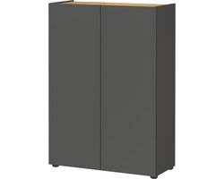 Opbergkast Eleonore Eiken - Grafiet - Breedte 74 cm - Hoogte 105 cm - Diepte 33 cm - Met planken - Met openslaande deuren