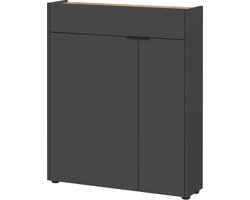 Opbergkast Eleonore Eiken - Grafiet - Breedte 83 cm - Hoogte 99 cm - Diepte 22 cm - Met lades - Met planken - Met openslaande deuren