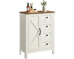 Opbergkast en Badkamerkast in Landelijke Stijl – Vrijstaande Kast met 4 Laden, Deur en Verstelbare Planken, Vintage Wit, Praktische en Stijlvolle Opbergoplossing