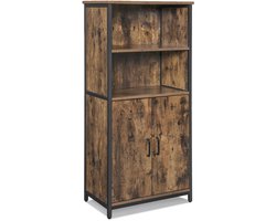 Opbergkast Hoge kast Dressoir Vitrinekast met 2 open vakken 2 houten deuren en verstelbare planken Stevig metalen frame Geschikt voor woonkamer slaapkamer en keuken 60 x 35 x 125 cm Bruin + zwart