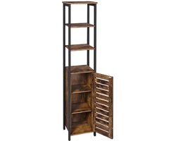 Opbergkast Hoge kast Dressoir Vitrinekast met 3 open vakken 1 houten luikdeur en verstelbare plank Stevig metalen frame Geschikt voor woonkamer slaapkamer en keuken 37 x 30 x 167 cm Bruin+Zwart