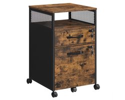 Opbergkast kantoorkast dossierkast met wieltjes, 2 afsluitbare lades en 1 open vak, stevig en duurzaam metalen frame, geschikt voor slaapkamer, woonkamer en kantoor, 44 x 42 x 69 cm, bruin + zwart