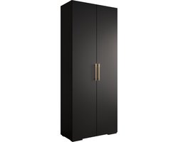Opbergkast Kledingkast met 2 draaideuren Garderobekast slaapkamerkast Kledingstang met planken | Gouden Handgrepen, elegante kledingkast, glamoureuze stijl (LxHxP): 100x237x47 cm - IVONA 3 (Zwart, 100 cm)