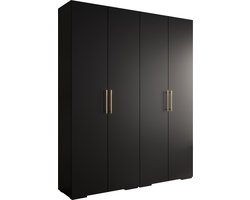 Opbergkast Kledingkast met 4 draaideuren Garderobekast slaapkamerkast Kledingstang met planken | Gouden Handgrepen, elegante kledingkast, glamoureuze stijl (LxHxP): 200x237x47 cm - IVONA 3 (Zwart, 200 cm)
