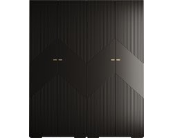 Opbergkast Kledingkast met 4 draaideuren Garderobekast slaapkamerkast Kledingstang met planken | Gouden Handgrepen, elegante kledingkast, glamoureuze stijl (LxHxP): 200x237x47 cm - GEMINI 2 (Zwart, 200 cm)