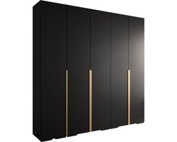 Opbergkast Kledingkast met 5 draaideuren Garderobekast slaapkamerkast Kledingstang met planken | Gouden Handgrepen, elegante kledingkast, glamoureuze stijl (LxHxP): 250x237x47 cm - IVONA 1 (Zwart, 250 cm)