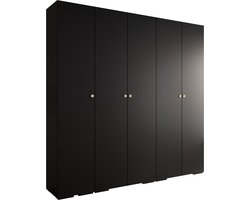 Opbergkast Kledingkast met 5 draaideuren Garderobekast slaapkamerkast Kledingstang met planken | Gouden Handgrepen, elegante kledingkast, glamoureuze stijl (LxHxP): 250x237x47 cm - IVONA 2 (Zwart, 250 cm)