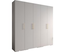 Opbergkast Kledingkast met 5 draaideuren Garderobekast slaapkamerkast Kledingstang met planken | Gouden Handgrepen, elegante kledingkast, glamoureuze stijl (LxHxP): 250x237x47 cm - IVONA 3 (Wit, 250 cm)