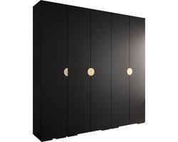 Opbergkast Kledingkast met 5 draaideuren Garderobekast slaapkamerkast Kledingstang met planken | Gouden Handgrepen, elegante kledingkast, glamoureuze stijl (LxHxP): 250x237x47 cm - IVONA 4 (Zwart, 250 cm)
