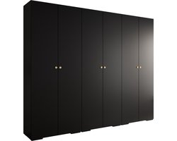 Opbergkast Kledingkast met 6 draaideuren Garderobekast slaapkamerkast Kledingstang met planken | Gouden Handgrepen, elegante kledingkast, glamoureuze stijl (LxHxP): 300x237x47 cm - IVONA 2 (Zwart, 300 cm)