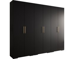 Opbergkast Kledingkast met 6 draaideuren Garderobekast slaapkamerkast Kledingstang met planken | Gouden Handgrepen, elegante kledingkast, glamoureuze stijl (LxHxP): 300x237x47 cm - IVONA 3 (Zwart, 300 cm)