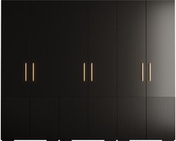 Opbergkast Kledingkast met 6 draaideuren Garderobekast slaapkamerkast Kledingstang met planken | Gouden Handgrepen, elegante kledingkast, glamoureuze stijl (LxHxP): 300x237x47 cm - GEMINI 3 (Zwart, 300 cm)