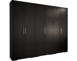 Opbergkast Kledingkast met 6 draaideuren Garderobekast slaapkamerkast Kledingstang met planken | Gouden Handgrepen, elegante kledingkast, glamoureuze stijl (LxHxP): 300x237x47 cm - GEMINI 8 (Zwart, 300 cm)